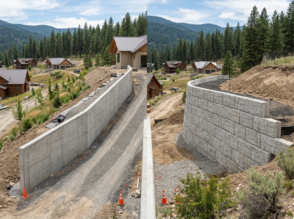Side-by-side comparison of a poured concrete retaining wall next to a precast concrete panel wall on a hillside