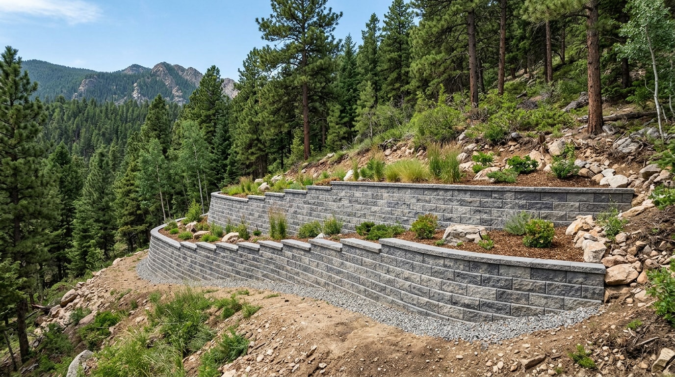 Finished precast concrete retaining wall on a sloped hillside lot in Evergreen, CO Finished precast concrete retaining wall on a sloped hillside lot in Evergreen, CO