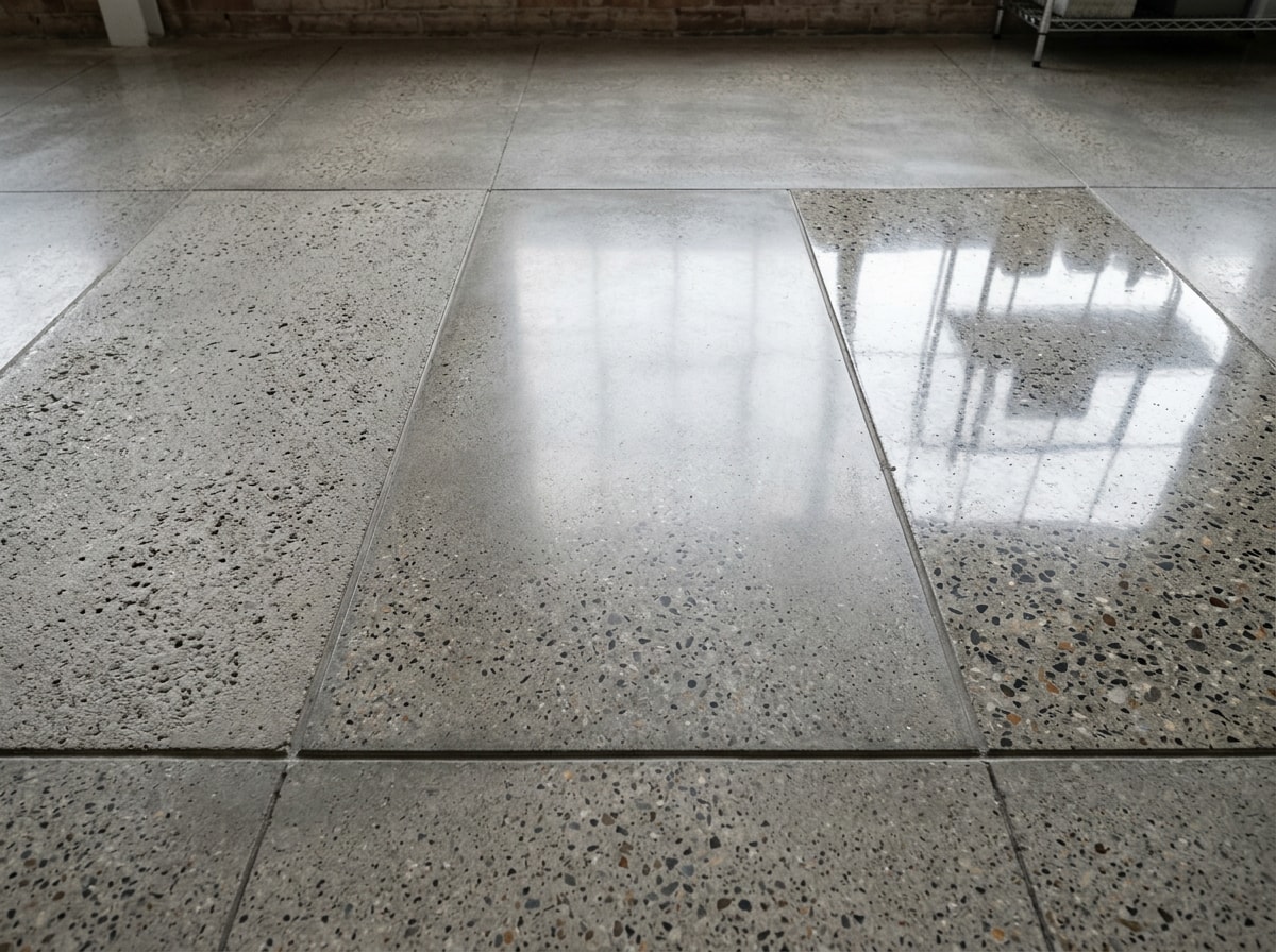 Comparison of matte, satin, and high-gloss polished concrete floor sheen levels in a home
