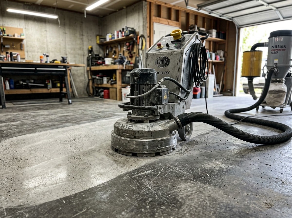 Diamond grinding equipment polishing a residential concrete floor