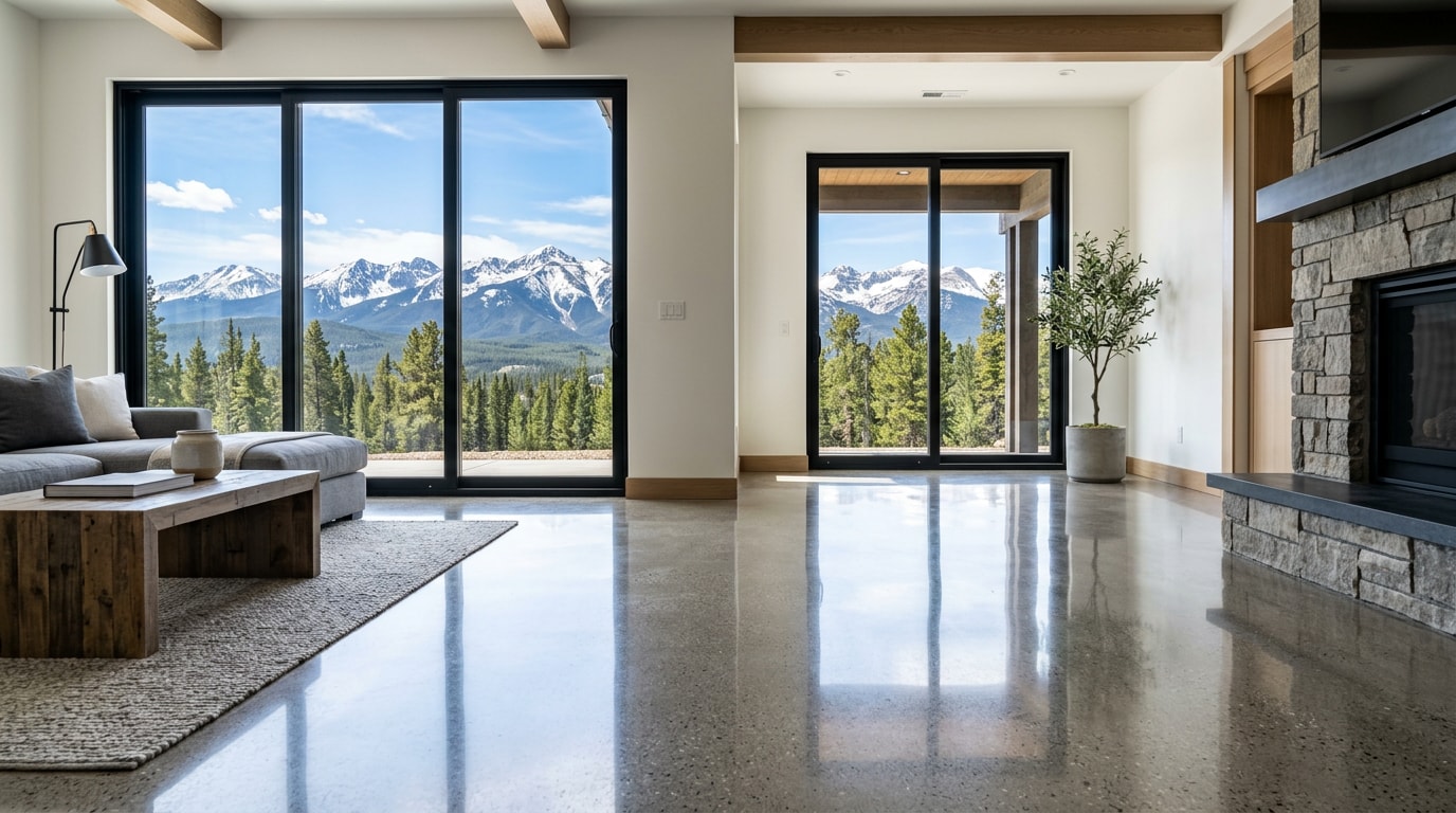 Residential polished concrete floor in a finished basement in Castle Rock, Colorado Residential polished concrete floor in a finished basement in Castle Rock, Colorado