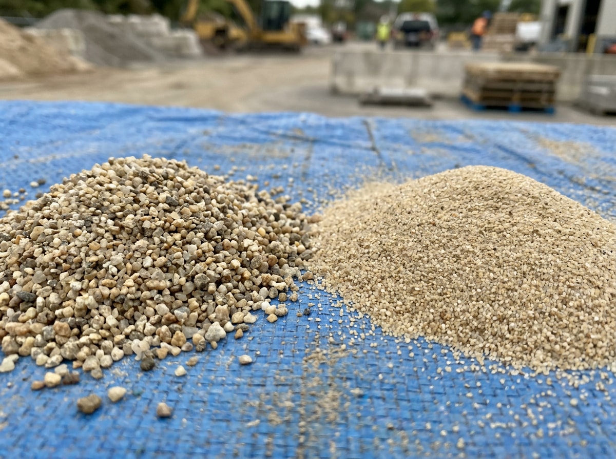 Close-up comparison of coarse concrete sand and fine mason sand
