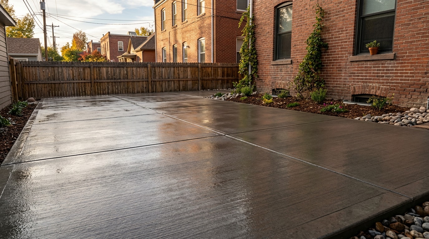 Freshly finished sand mix concrete patio in Downtown Denver Freshly finished sand mix concrete patio in Downtown Denver