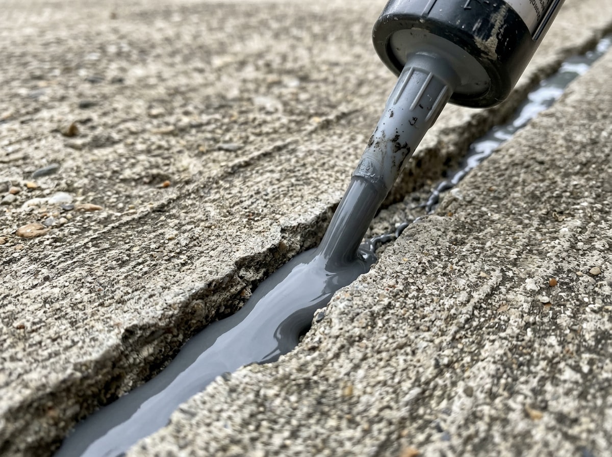 Technician pouring self-leveling crack filler into a routed driveway crack