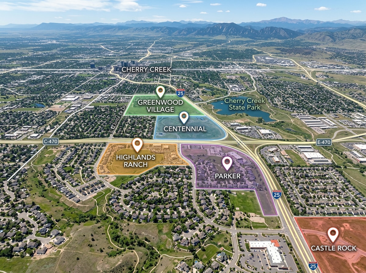 Map highlighting South Denver Suburbs concrete crack repair coverage across Highlands Ranch, Centennial, Littleton, and Parker