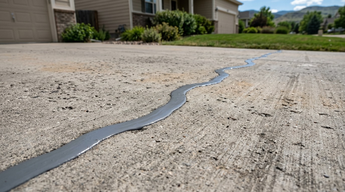 Freshly applied self-leveling concrete crack filler on a South Denver Suburbs driveway