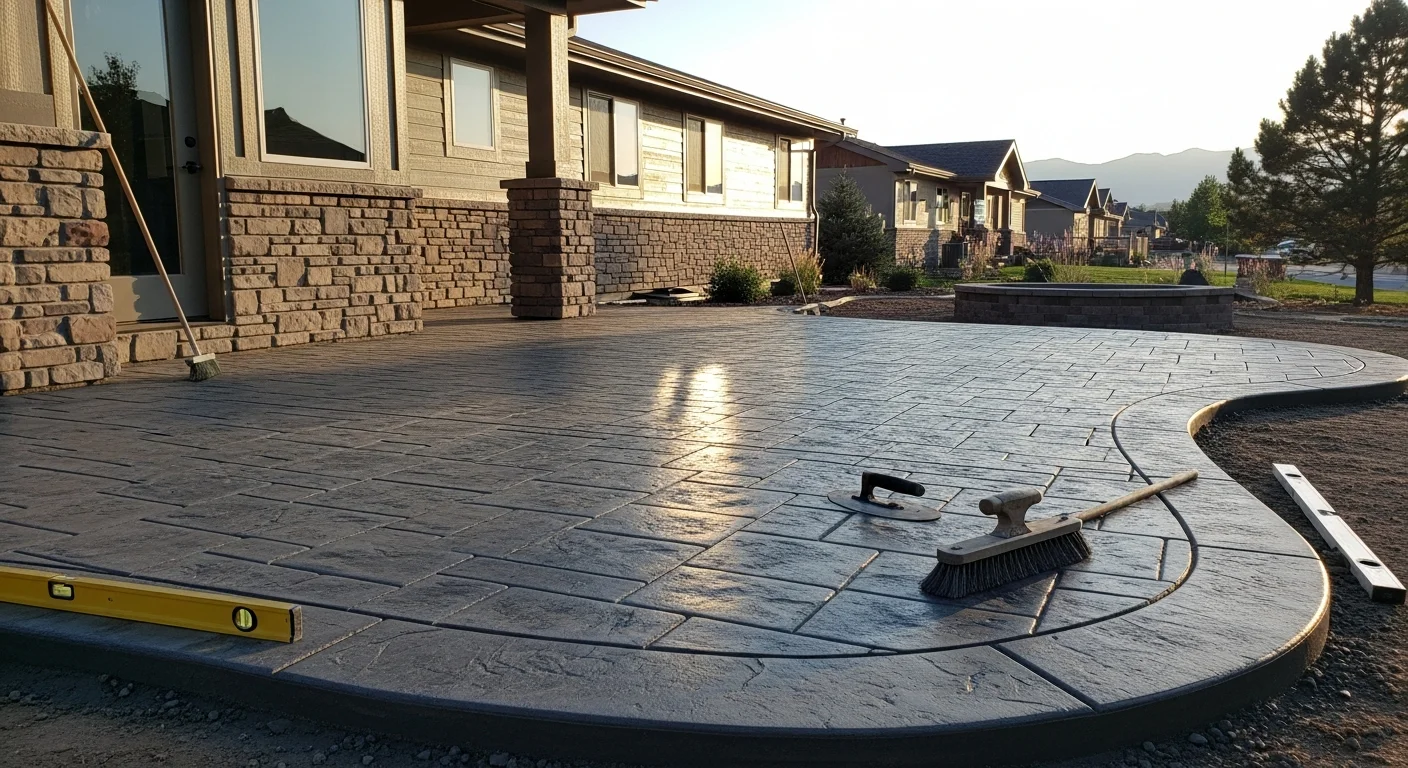 Stamped concrete patio and retaining wall installation