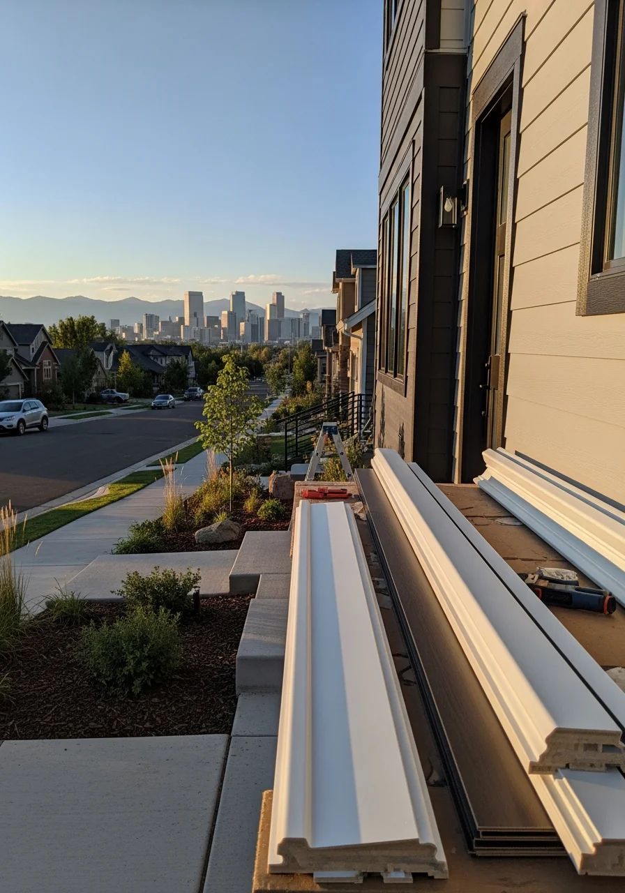 Skilled tradesperson installing exterior trim on a modern metro-area home with urban skyline visible in the distance.