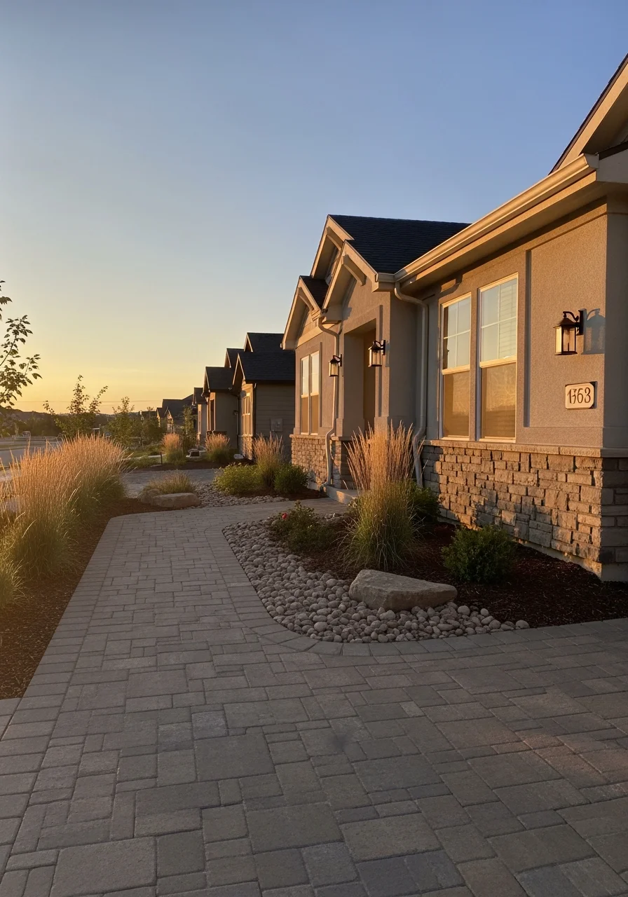 Professional crew member installing exterior features on a newer east metro home with suburban development visible nearby.