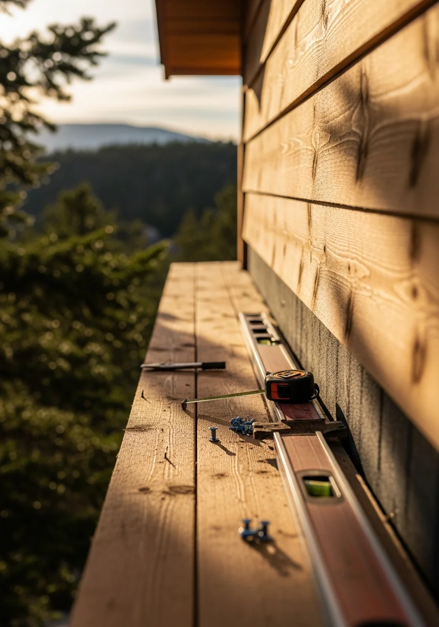 Close-up of a craftsperson working on exterior siding of a foothills home with evergreen trees in the background.