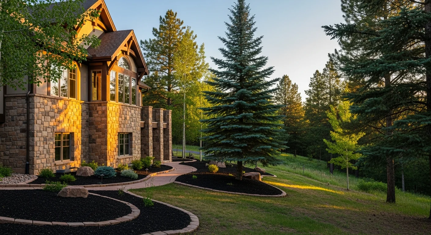 Mountain home nestled among tall pines with a stone foundation and mature landscaping on a sloped lot.