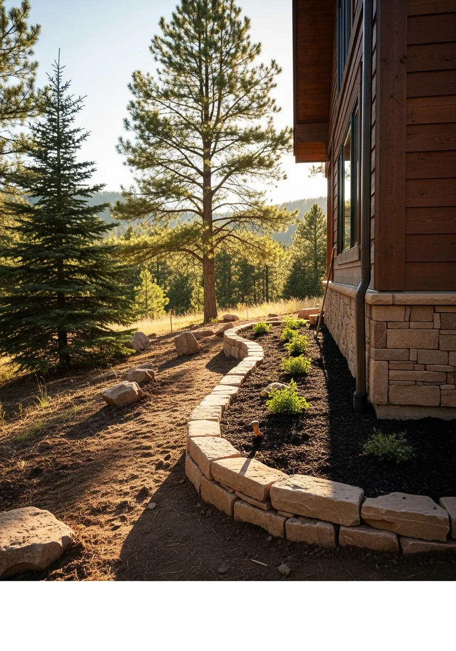 Craftsperson working on exterior of a mountain-area home with pine forest and elevation visible in the scene.