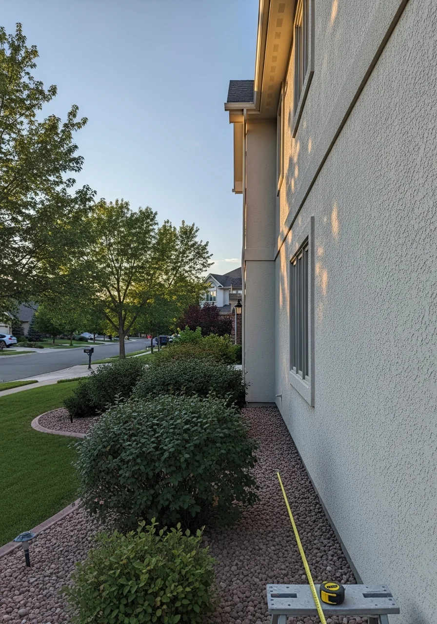 Tradesperson measuring and preparing exterior wall of a south suburbs home with neighborhood homes visible nearby.