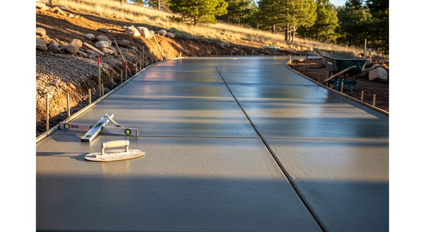 Freshly poured and broom-finished concrete driveway on a sloped residential lot in Evergreen, Colorado, with mountain foothills visible in the background. The slab shows clean control joint lines and a sealed surface suited for high-elevation freeze-thaw conditions.
