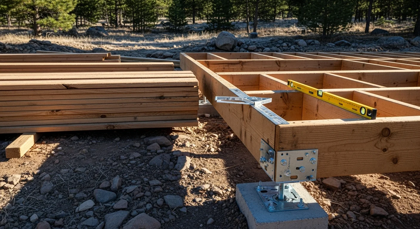 A newly installed wood and composite deck attached to a mountain home in Evergreen, Colorado, with a railed perimeter and open views of a forested hillside. The deck surface shows consistent board spacing and a clean railing line built to Jefferson County residential standards.