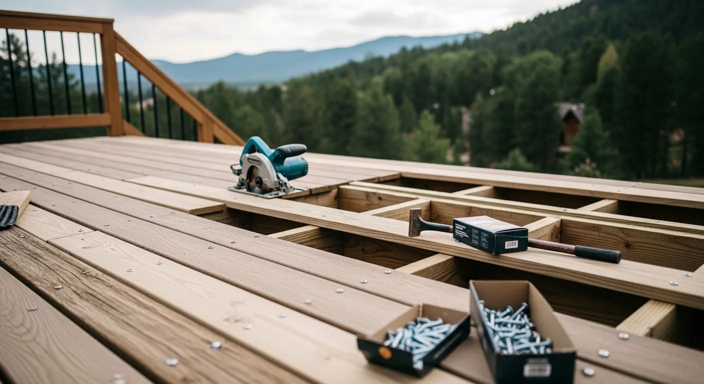 A repaired residential wood deck on an Evergreen, Colorado mountain home with replaced boards, secured railings, and a freshly finished surface. The surrounding pine trees and elevated terrain reflect the high-altitude setting where the repair work was completed.