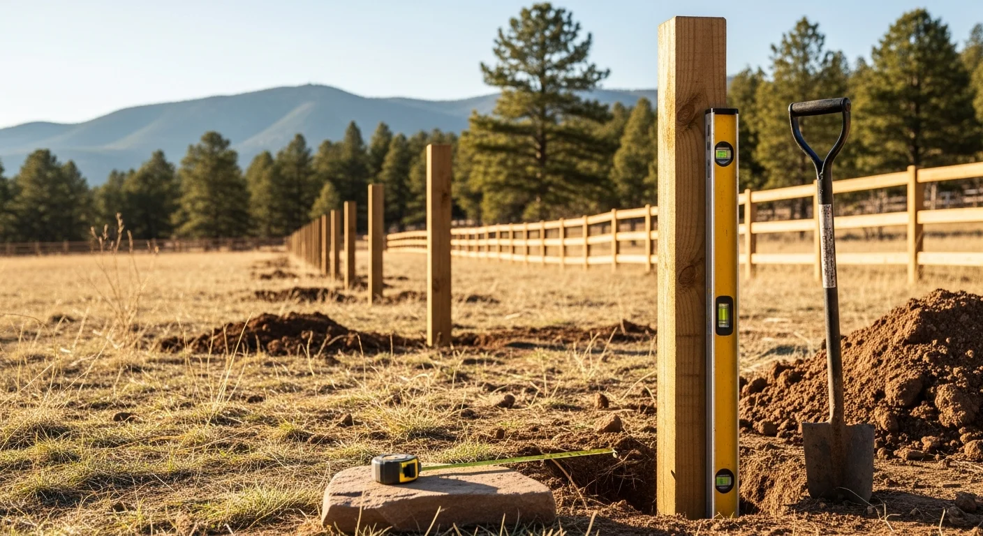 A newly installed wood fence running along the sloped backyard of a residential property in Evergreen, Colorado, with pine trees and mountain terrain visible in the background. The fence panels are evenly spaced and level across the uneven terrain, with posts set firmly into the ground.
