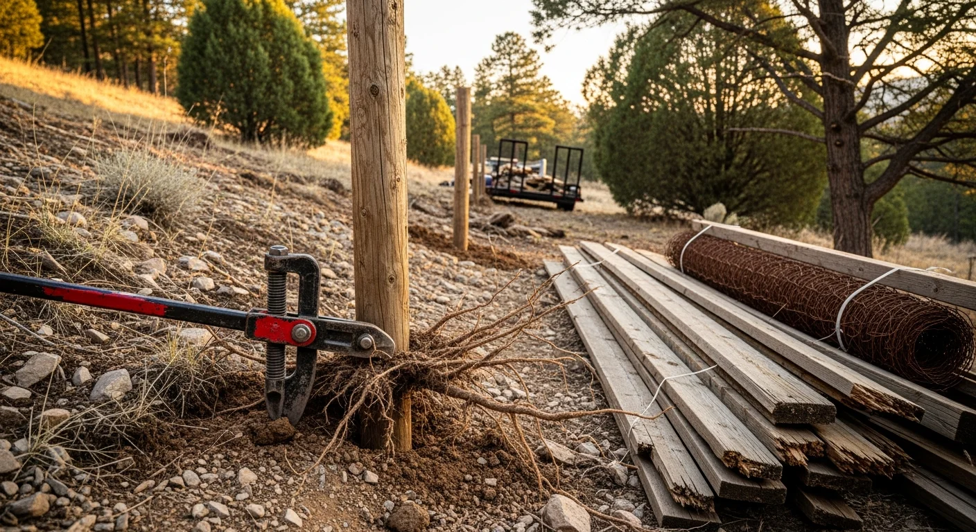 Old split rail fence posts being removed from a sloped, tree-lined residential lot in Evergreen, Colorado. The cleared ground shows rocky foothills soil typical of Jefferson County properties.