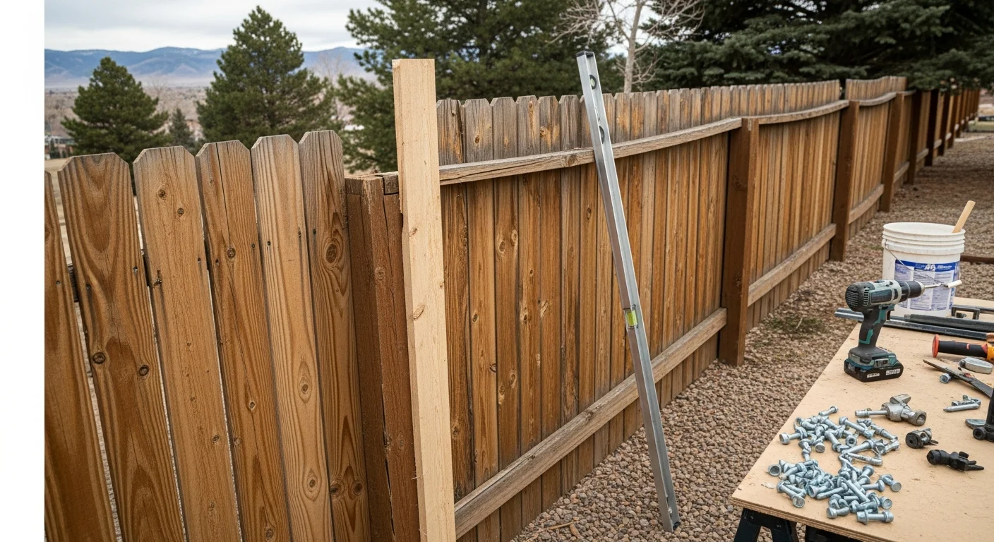 A repaired wood fence with straight posts and aligned panels on a residential property in Evergreen, Colorado, with a pine-covered hillside visible in the background. A newly reset gate with a secure latch stands at the fence opening.