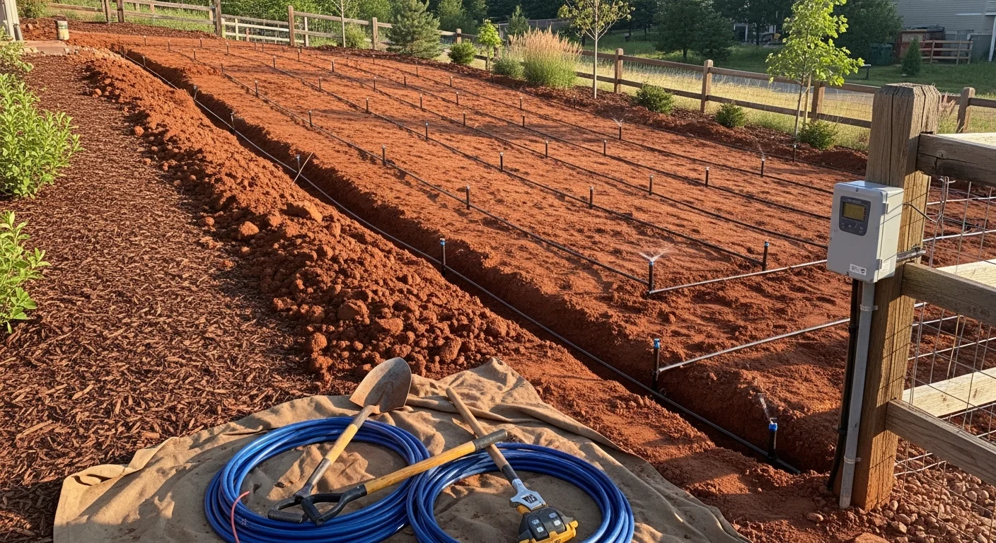 A freshly installed in-ground irrigation system with spray heads running across a residential lawn in Evergreen, Colorado, with a wooded hillside visible in the background. Separate drip lines run along a shrub bed bordering the property edge.