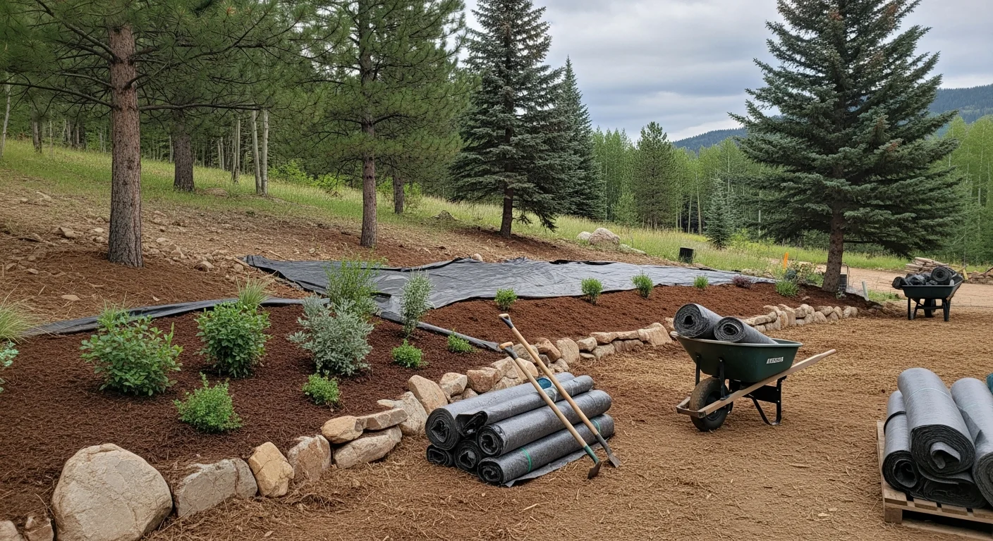 A completed residential landscape installation on a sloped mountain lot in Evergreen, Colorado, showing graded planting beds, ground cover, and native shrubs surrounding a custom home. The yard transitions naturally into the surrounding pine forest with defined bed edges and mulched planting areas.