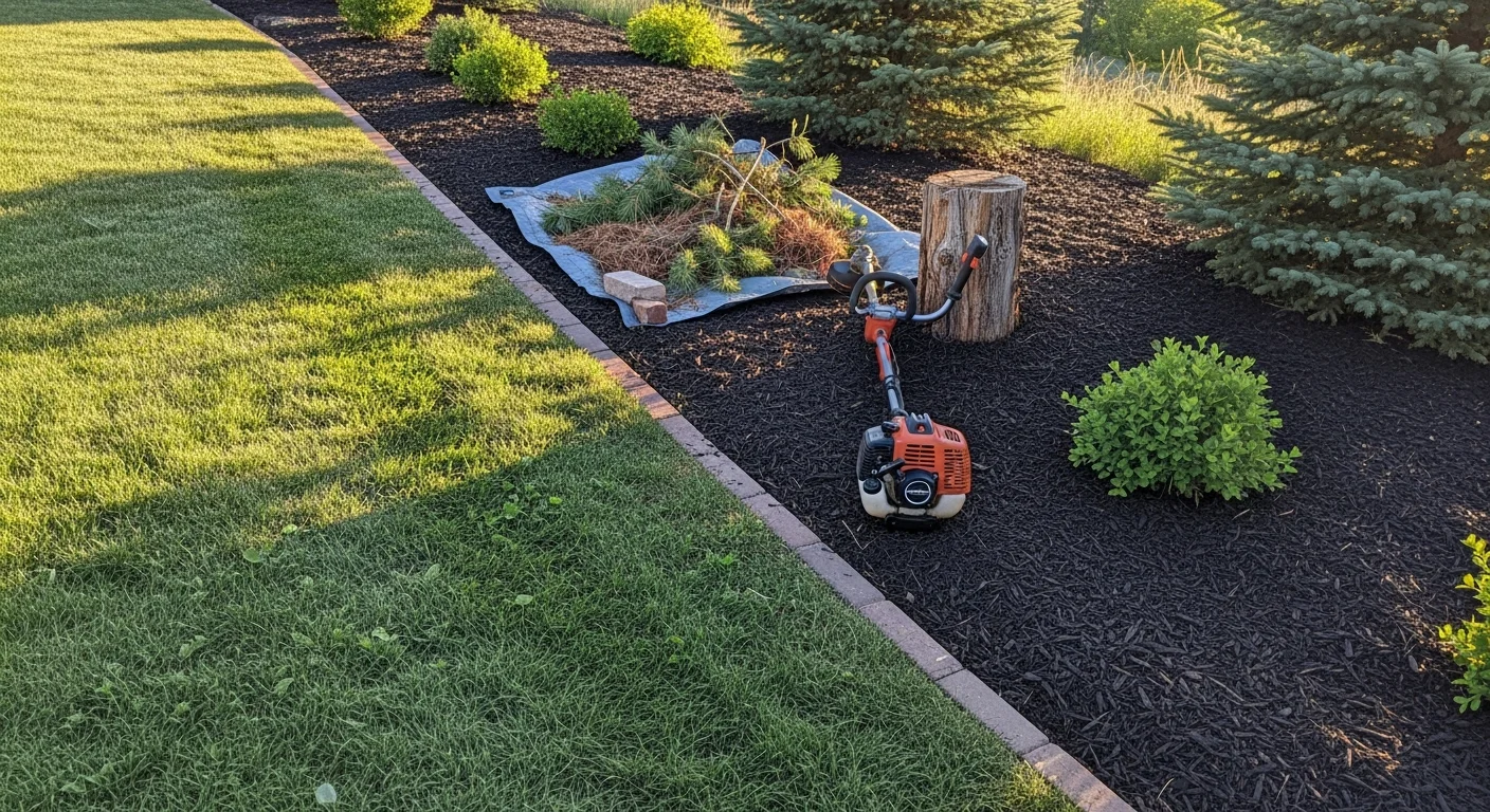A well-maintained residential yard in Evergreen, Colorado, with trimmed shrubs, clean bed edges, and a tidy lawn bordered by mature pines on a sloped mountain lot. A landscape crew from Peppers Landesign Services works along the property's rocky border during a seasonal maintenance visit.
