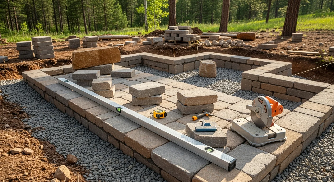 A completed outdoor kitchen installation on a residential property in Evergreen, Colorado, featuring a stone-clad hardscape structure with built-in cooking area set against a backdrop of ponderosa pines and mountain terrain. The patio surface and kitchen base show professional grading and drainage work suited to the foothills setting.