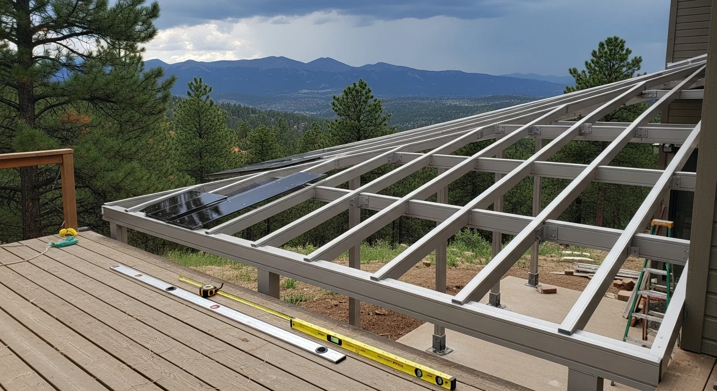 A custom patio cover installed on the back of an Evergreen, Colorado home, with a pitched solid roof over a wood deck surrounded by pine trees. The structure shows clean post-and-beam framing designed to handle mountain snow loads.