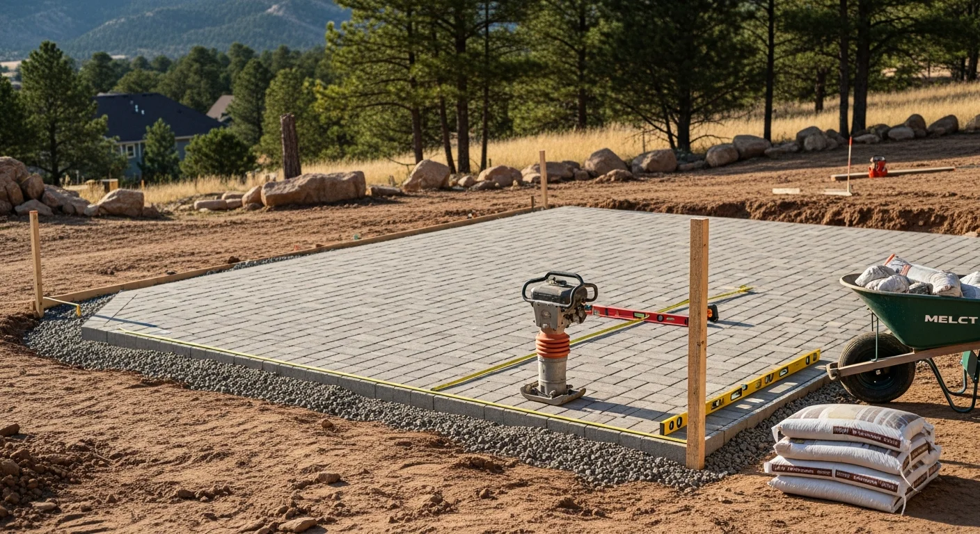 A finished custom patio installed by Peppers Landesign Services on an Evergreen, Colorado residential property, showing a level hardscape surface set against a mountain foothills backdrop. The patio surface is graded away from the home's foundation with clean edges and a natural stone aesthetic suited to the surrounding landscape.