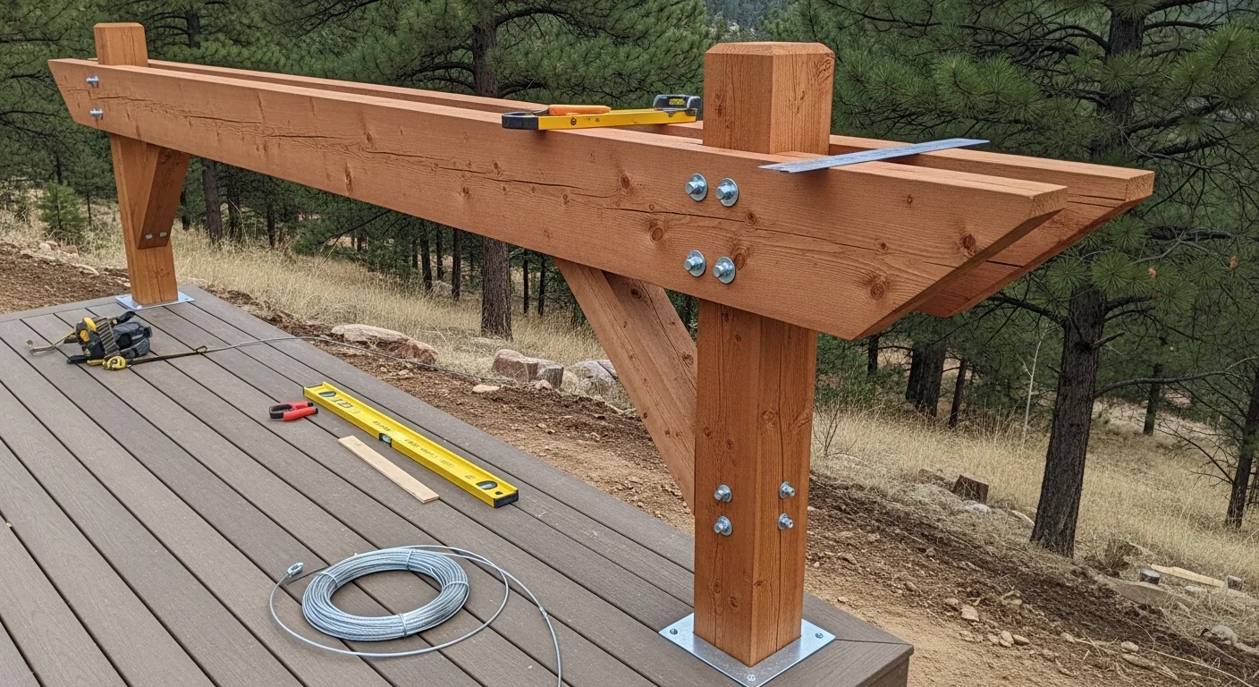 A custom wood pergola installed on the back patio of an Evergreen, Colorado mountain home, with open rafters framing a view of forested foothills. The structure sits level on a sloped yard with post footings set into the ground and a defined dining area beneath the shade.