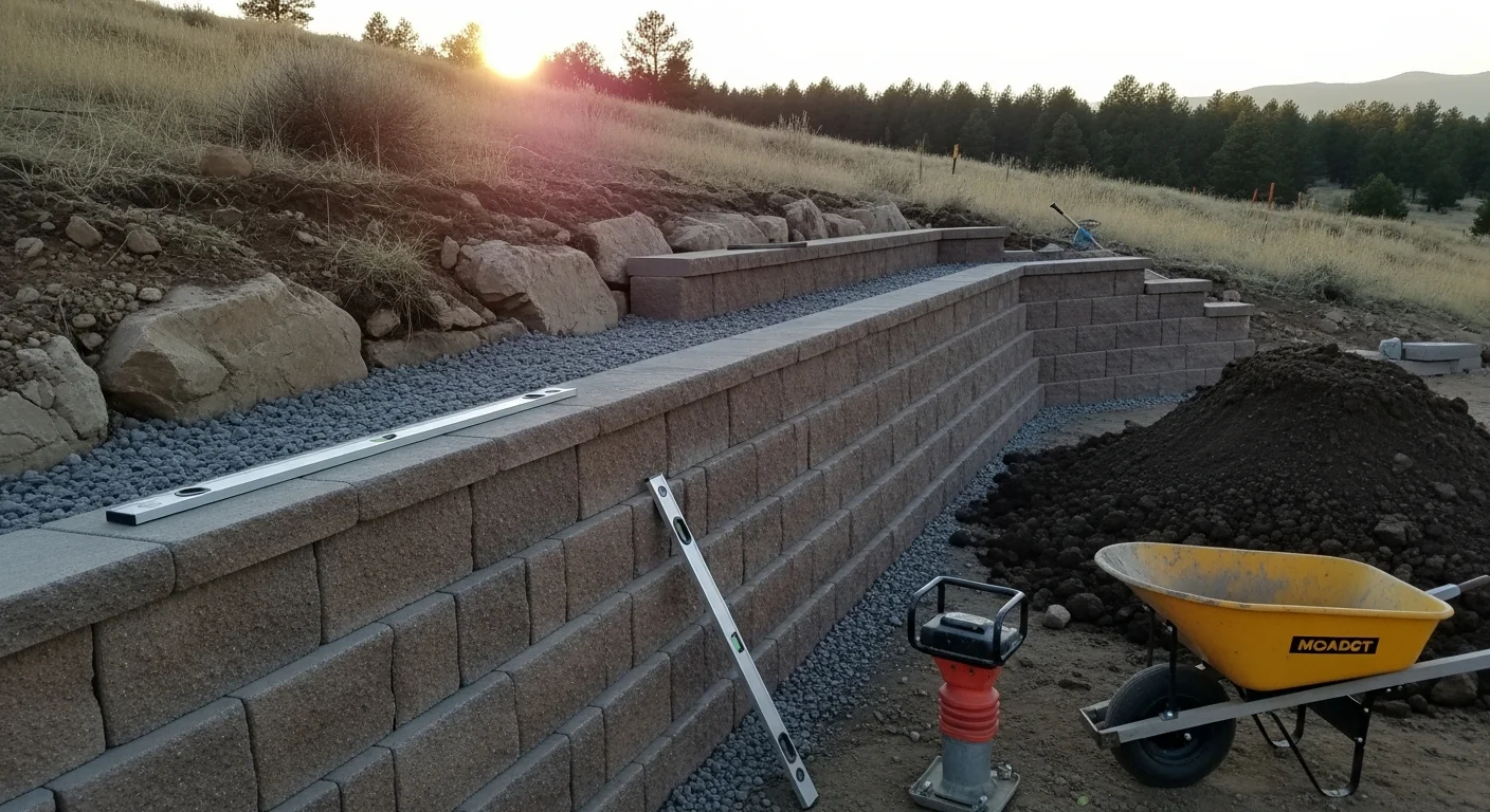 A completed multi-course retaining wall on a steep residential slope in Evergreen, Colorado, with compacted backfill, terraced planting areas, and rocky foothill terrain visible in the background. The wall runs along the property grade, creating a level usable yard space above the retained hillside.