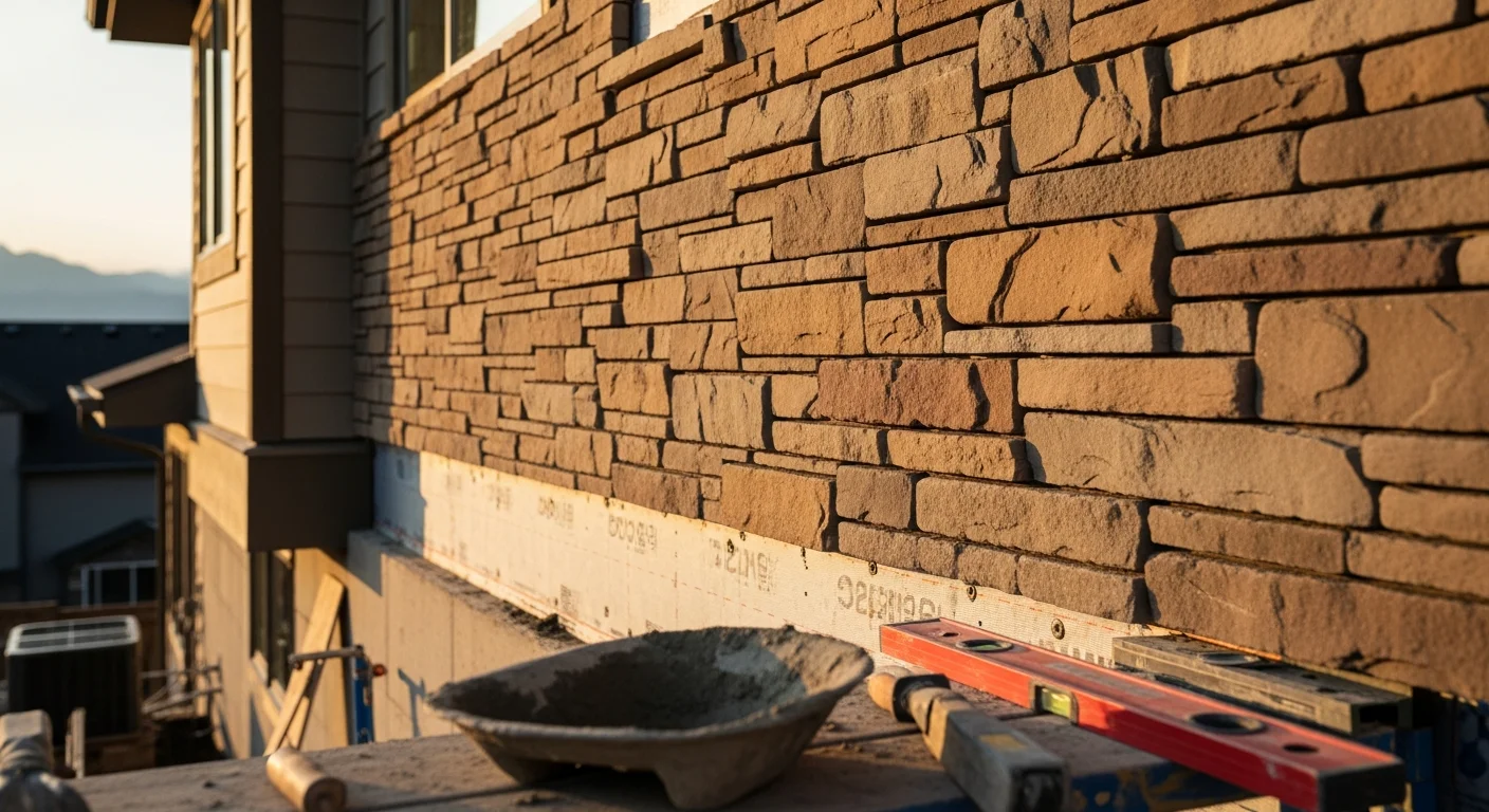 Stone veneer installed on the exterior wall of a foothills home in Evergreen, Colorado, with earth-tone panels set against a mountain landscape backdrop. Close view shows tight mortar joints and textured stone surface on a residential retaining wall and column feature.