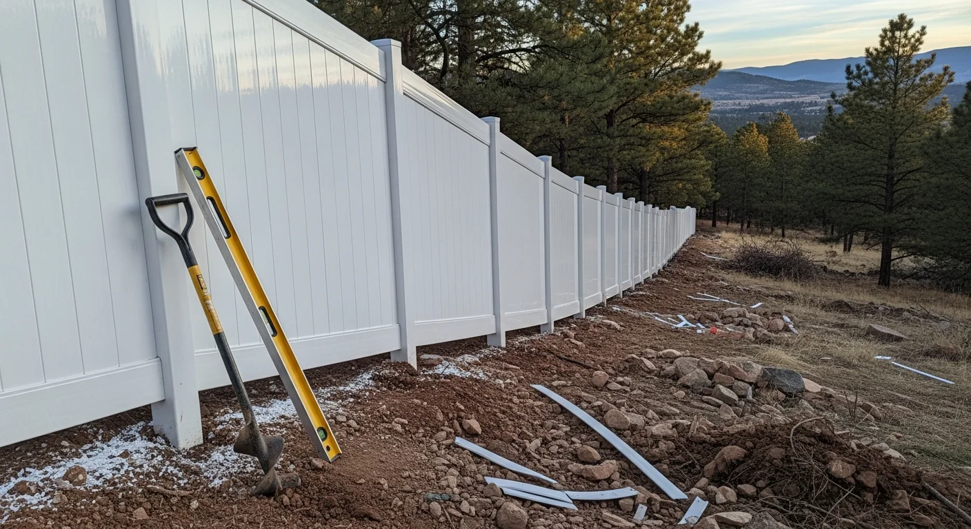 A white vinyl privacy fence installed along the backyard boundary of a residential property in Evergreen, Colorado, with a wooden gate and snow-dusted foothills visible in the background. The fence panels sit level on a gently sloping lot, showing clean post alignment and a finished base line.