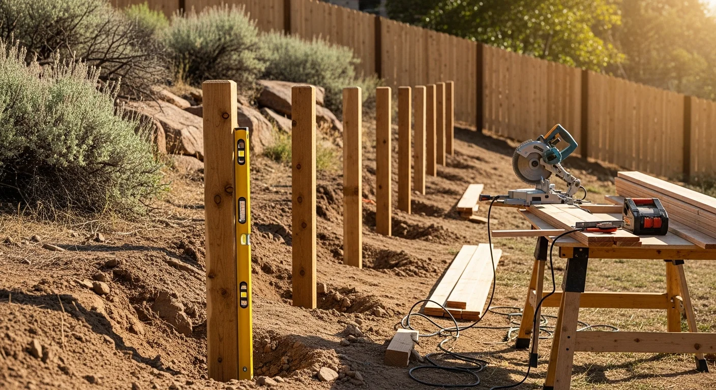 A newly installed wood privacy fence running along the backyard boundary of a residential property in Evergreen, Colorado, with pine trees and a sloped hillside visible in the background. The fence boards are evenly spaced and level, set against a natural mountain-foothills landscape.